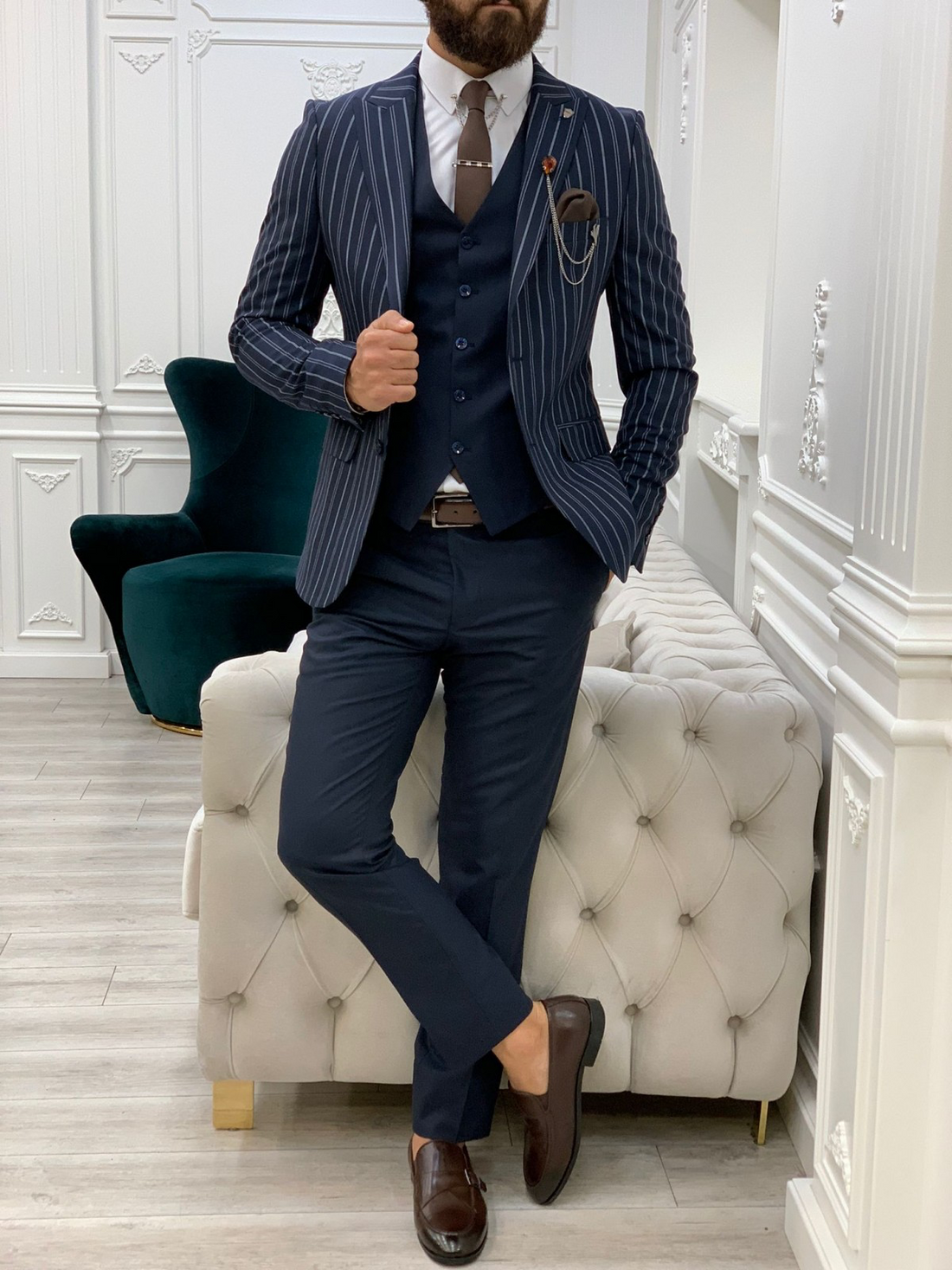 Navy Blue Striped Slim-Fit Italian Cut Suit