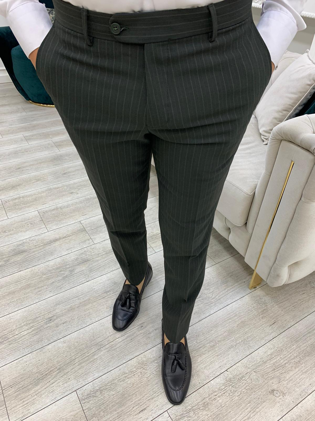 Khaki Striped Slim-Fit Italian Cut Double Breasted Suit