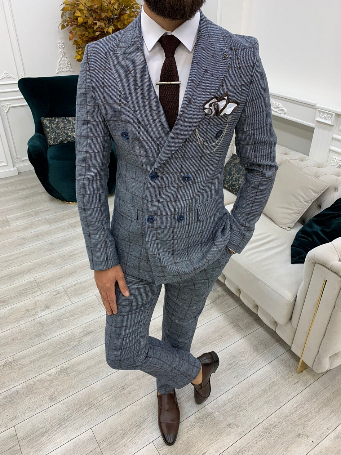 Ice Blue Striped Slim-Fit Italian Cut Double Breasted Suit