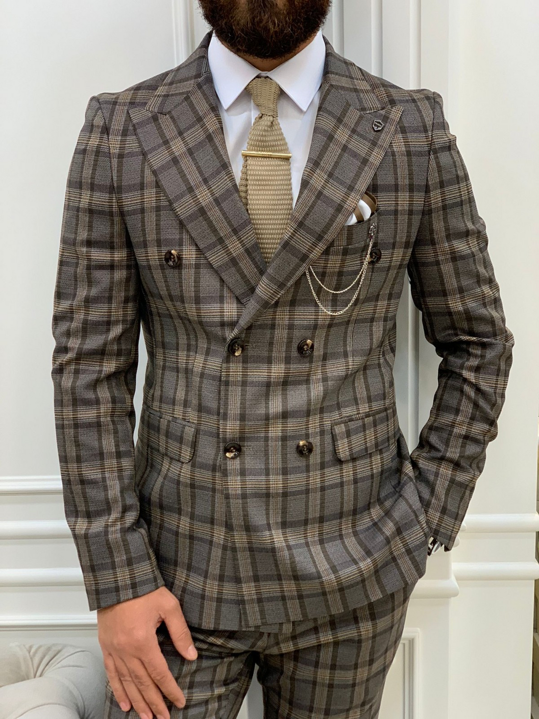 Brown Patterned Slim-Fit Italian Cut Double Breasted Suit