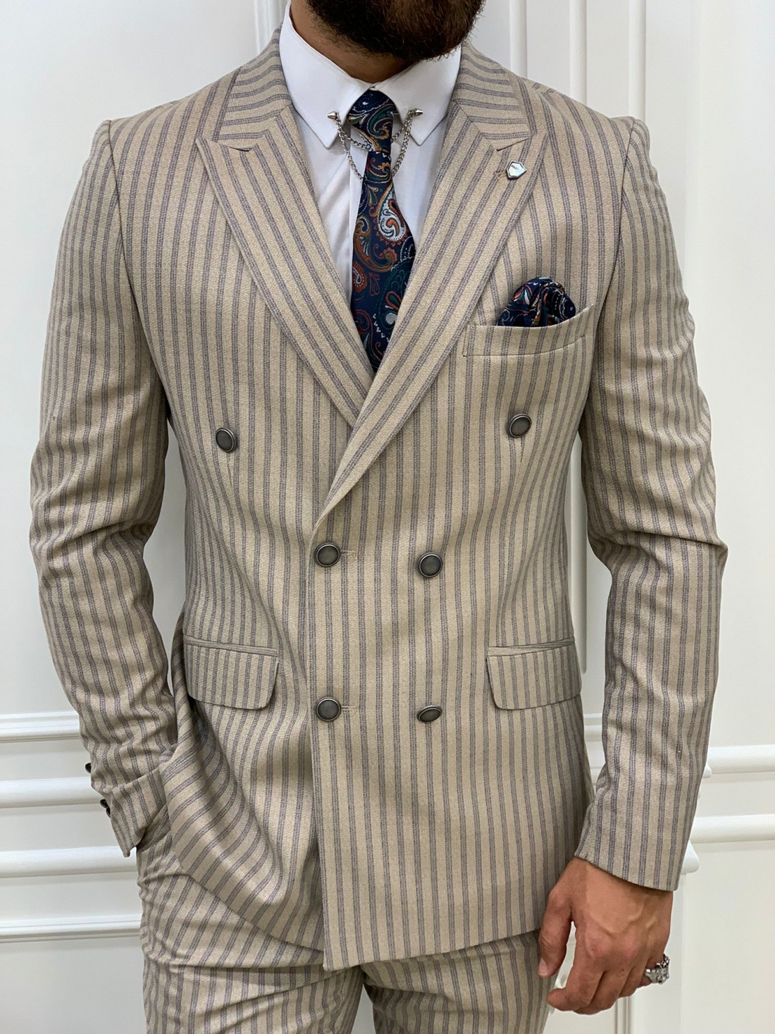 Cream Striped Slim-Fit Italian Cut Double Breasted Suit