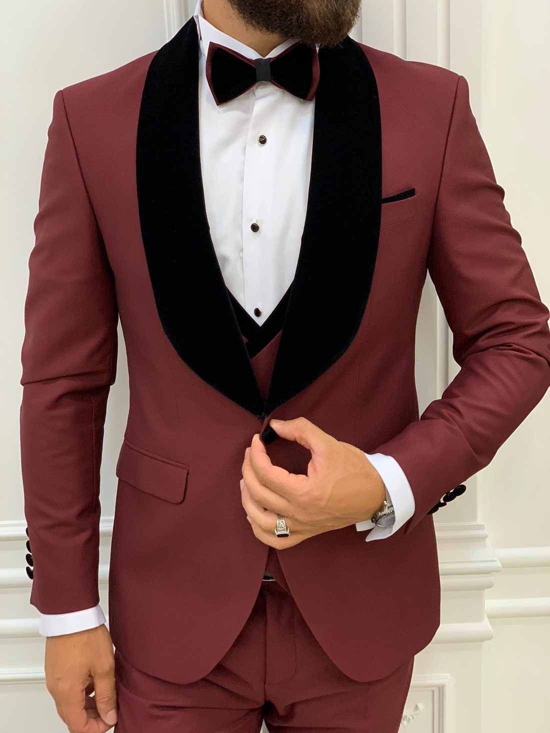 Burgundy Groom Slim-Fit Tuxedo