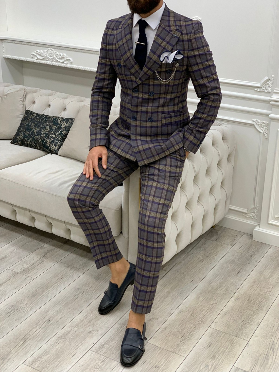 Purple Patterned Slim-Fit Italian Cut Double Breasted Suit