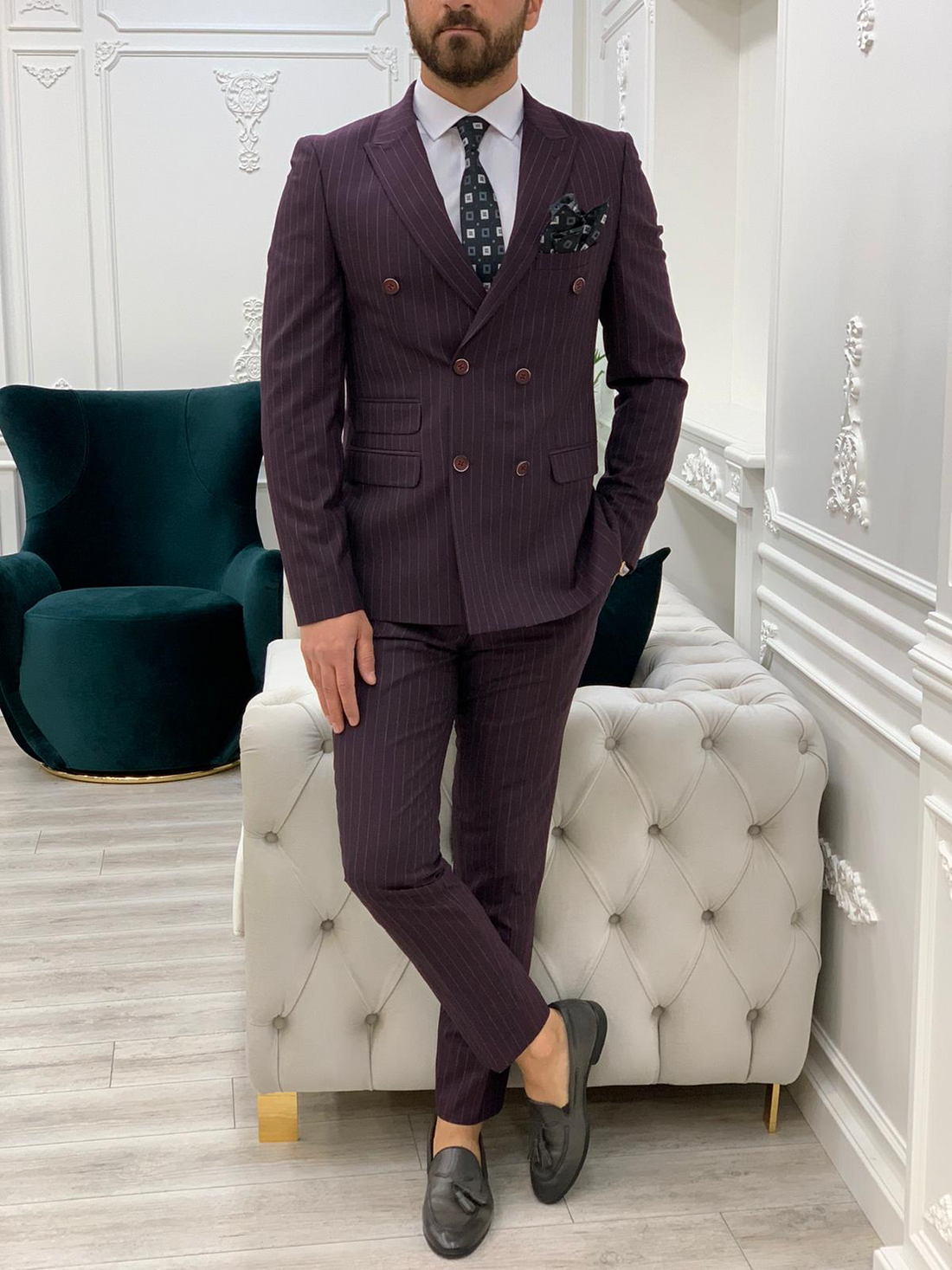 Burgundy Striped Slim-Fit Double Breasted Suit