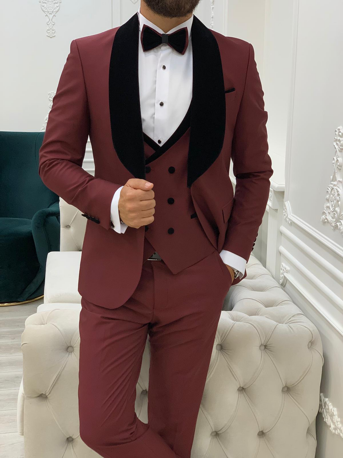 Burgundy Groom Slim-Fit Tuxedo