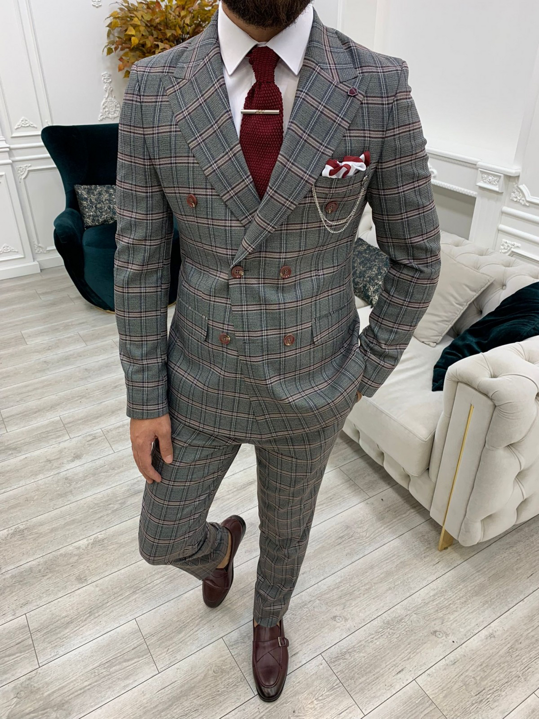 Grey Patterned Slim-Fit Italian Cut Double Breasted Suit