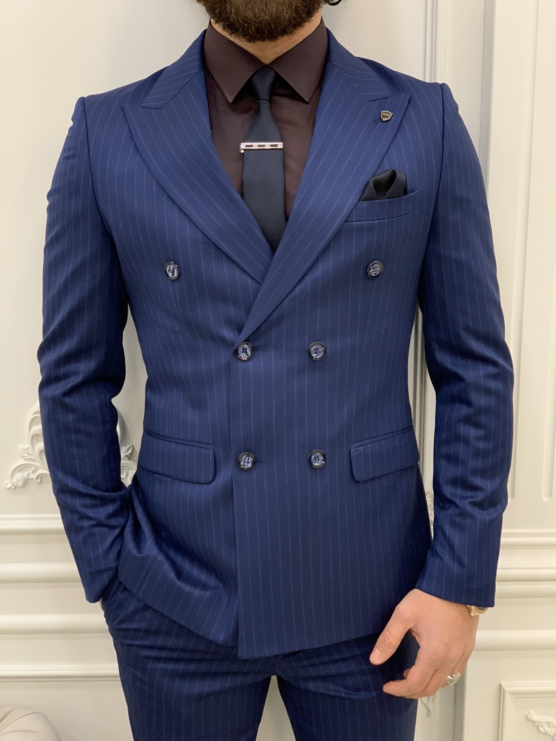 Striped Sax Slim-Fit Italian Cut Double Breasted Suit