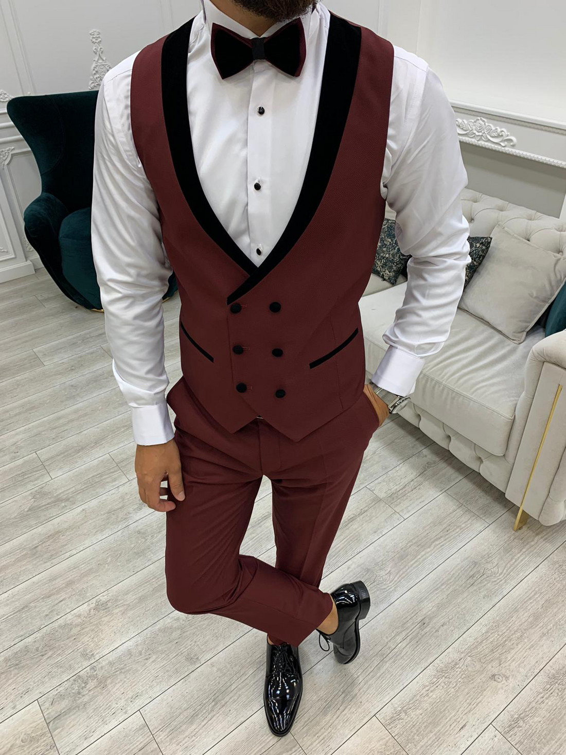 Burgundy Groom Slim-Fit Tuxedo