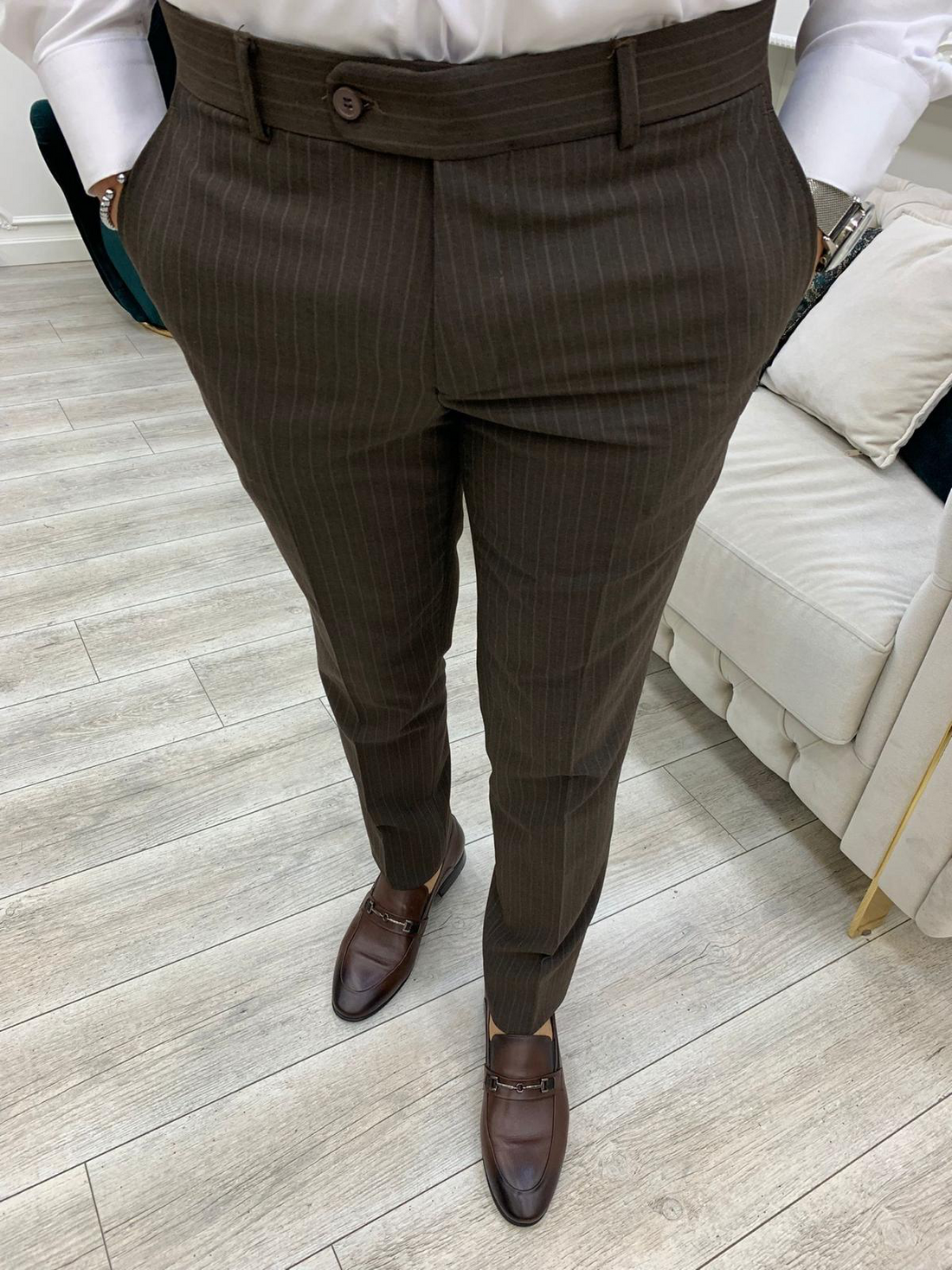 Brown Striped Slim-Fit Italian Cut Double Breasted Suit