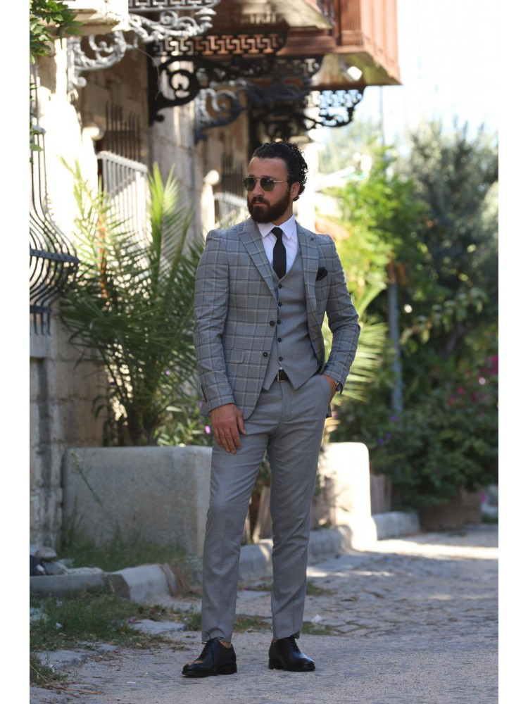 Grey Plaid Slim-Fit Italian Cut Suit