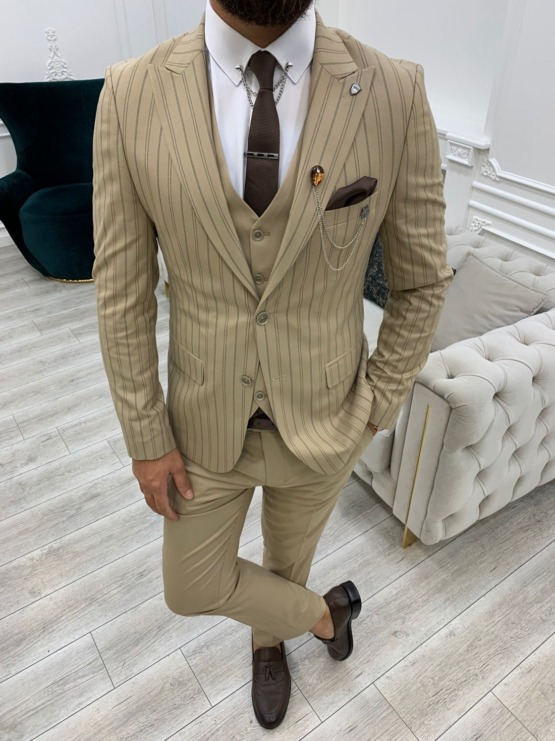 Cream Striped Slim-Fit Italian Cut Suit