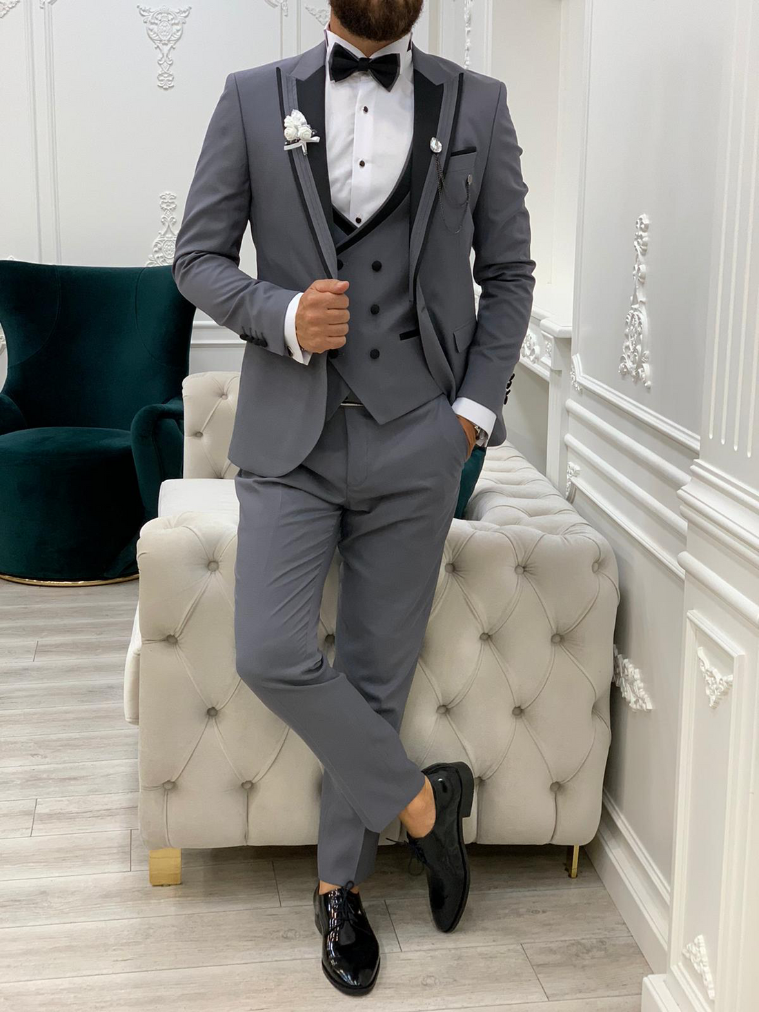 Grey Striped Groom Slim-Fit Tuxedo