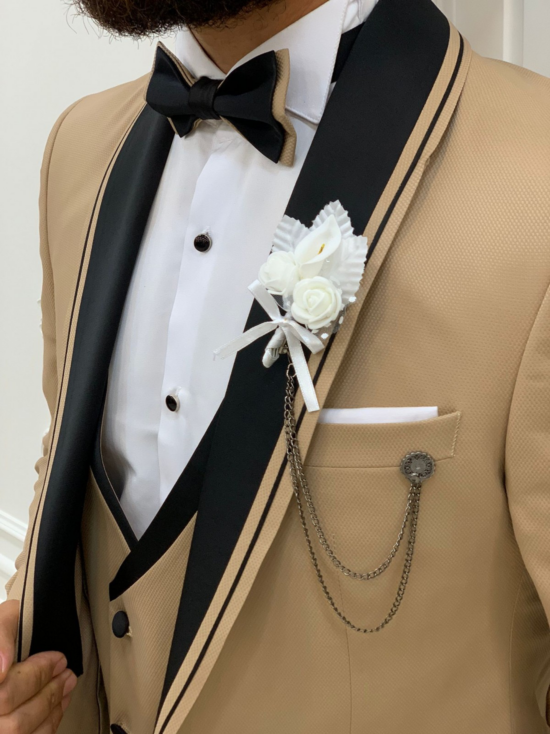 Cream Striped Groom Slim-Fit Tuxedo