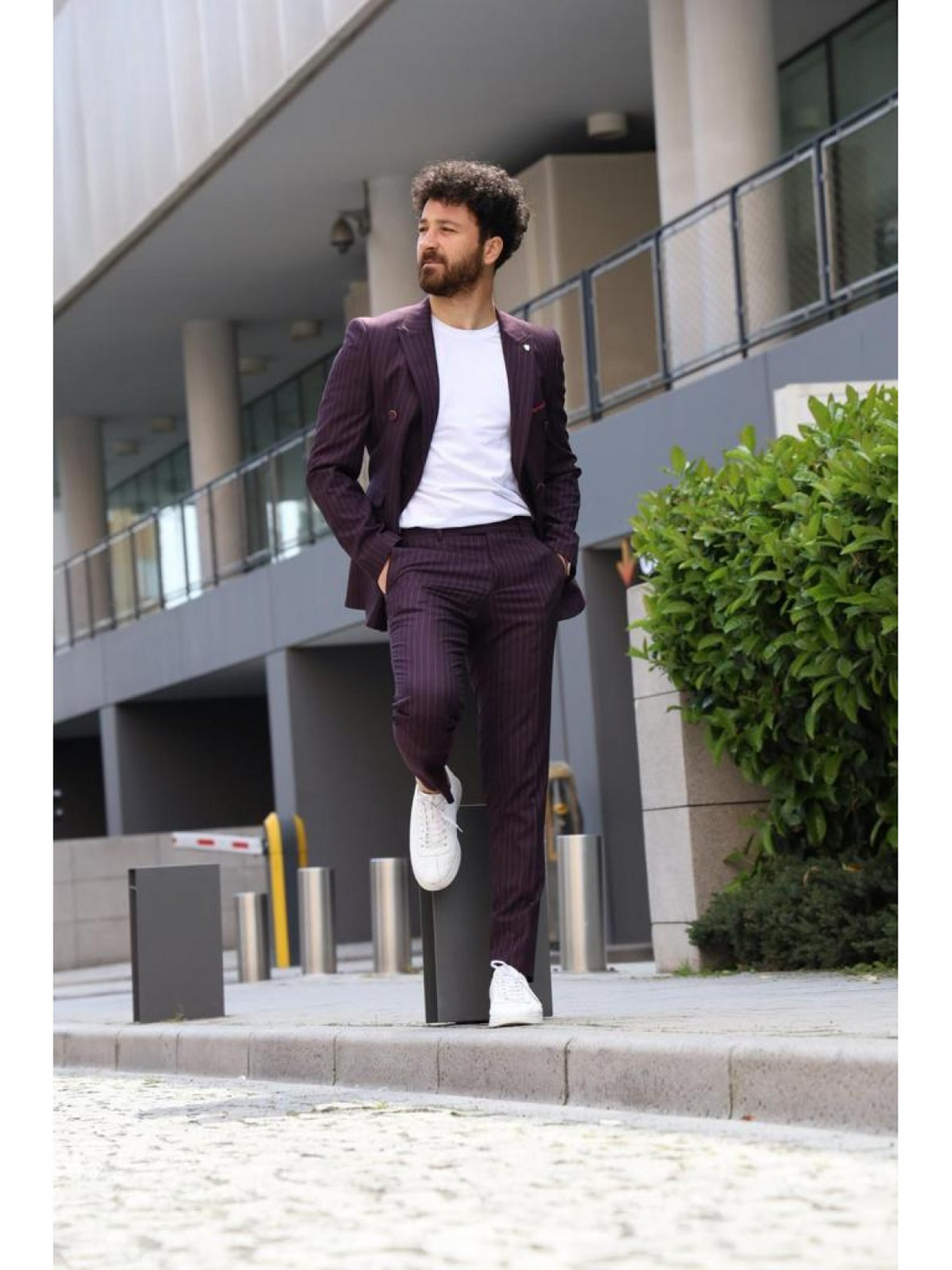 Burgundy Striped Slim-Fit Double Breasted Suit