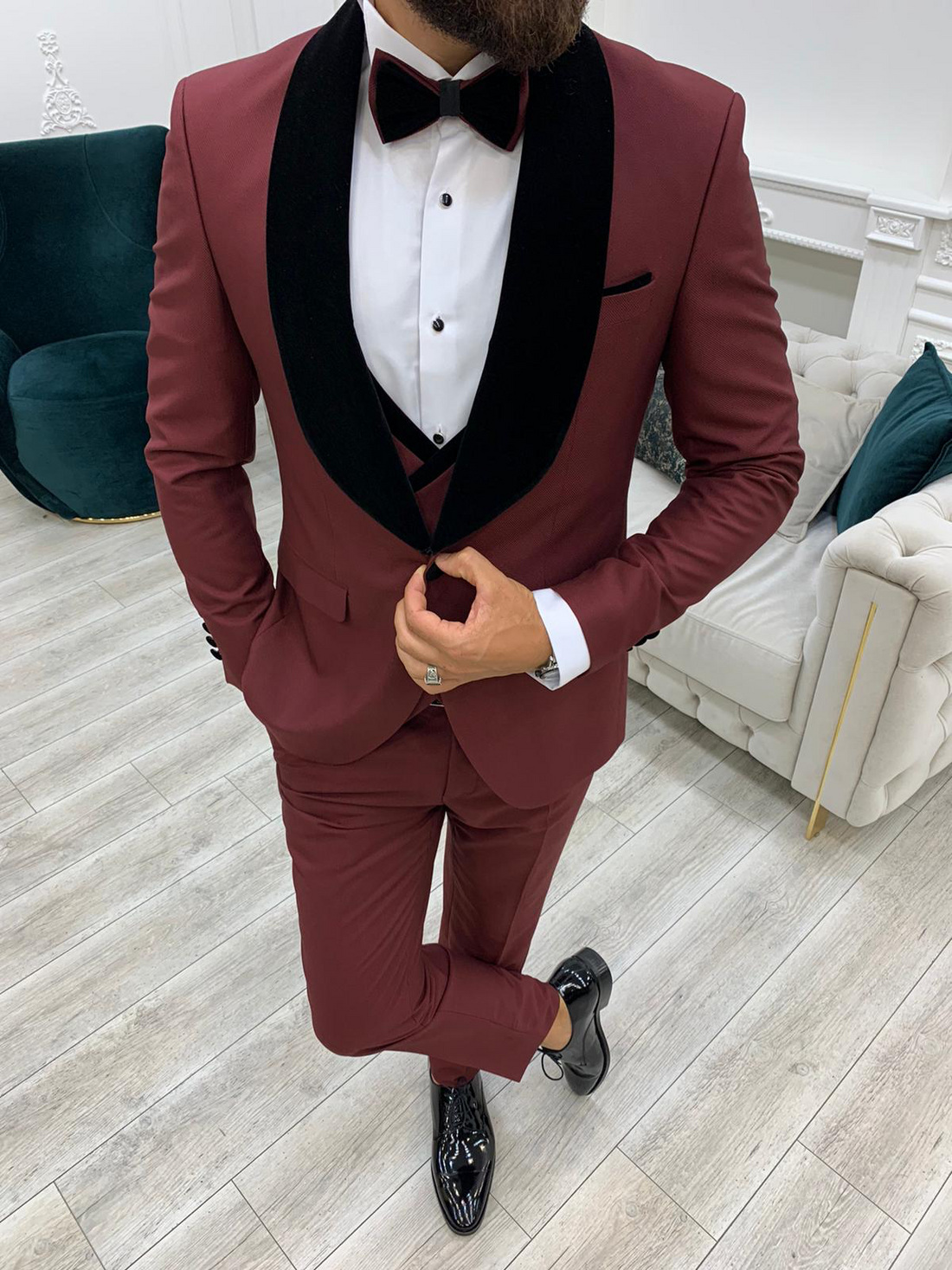 Burgundy Groom Slim-Fit Tuxedo