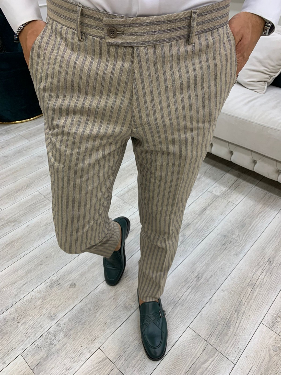 Cream Striped Slim-Fit Italian Cut Double Breasted Suit