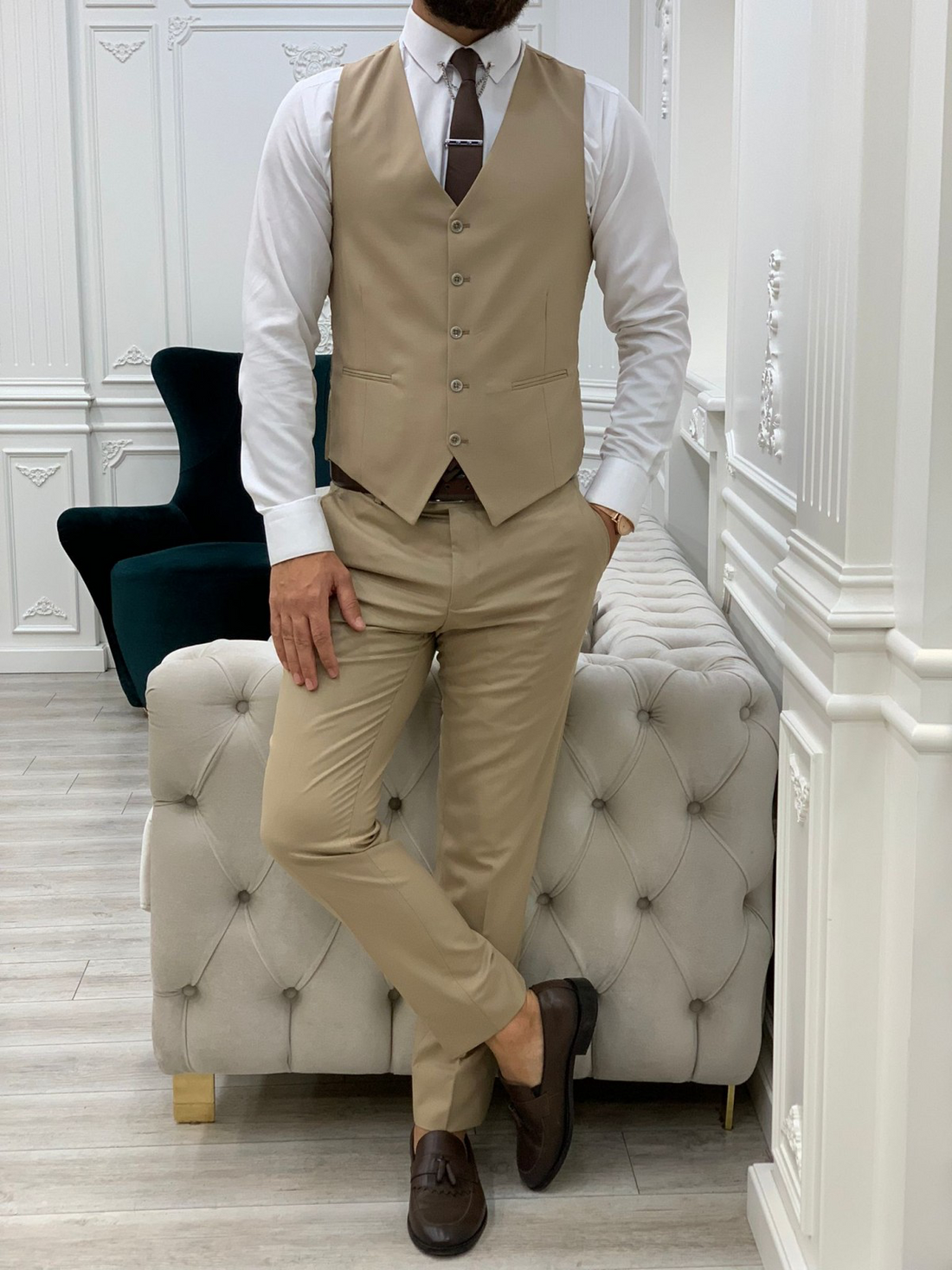 Cream slim 2025 fit suit