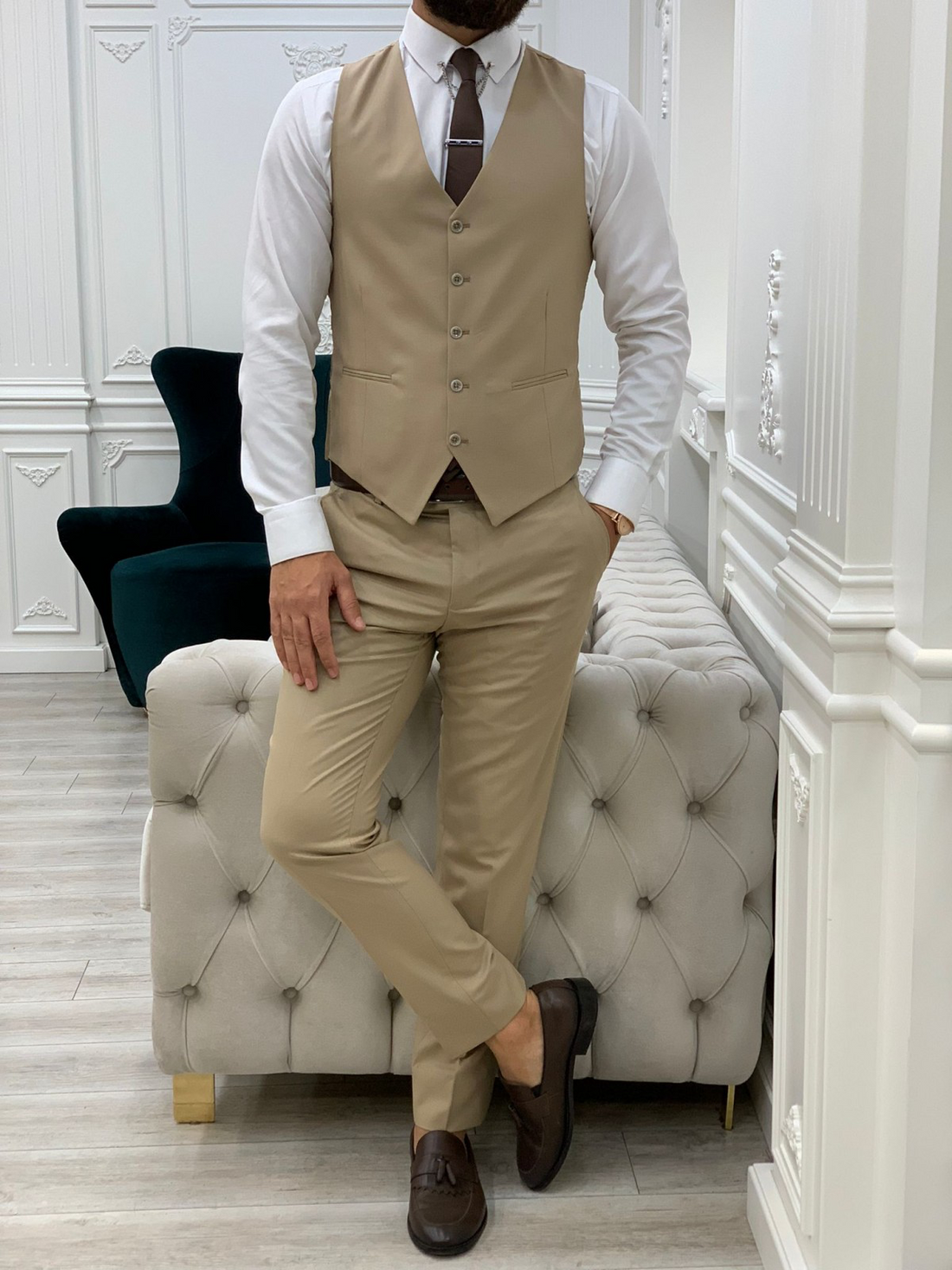 Cream slim fit on sale suit