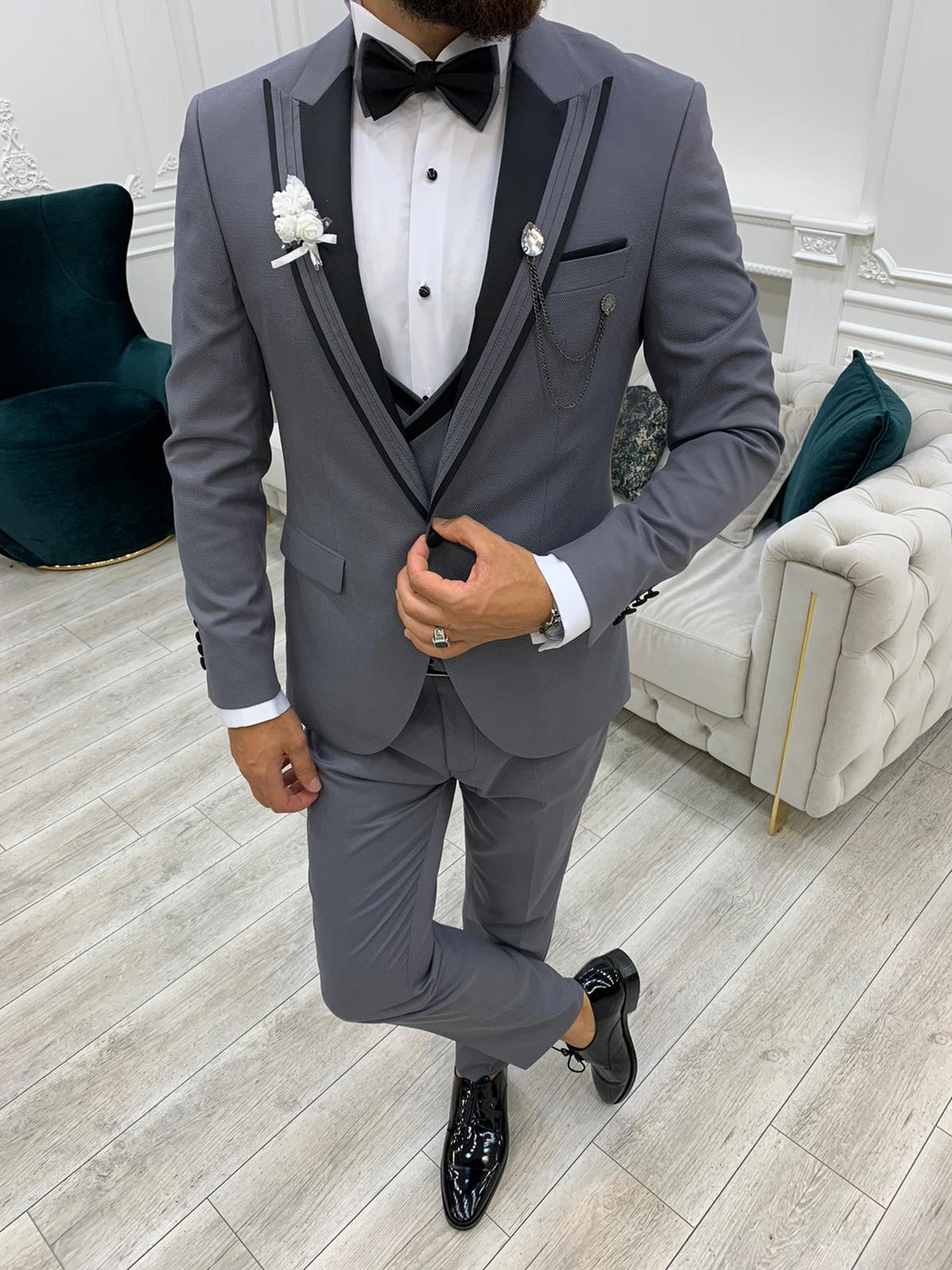 Grey Striped Groom Slim-Fit Tuxedo