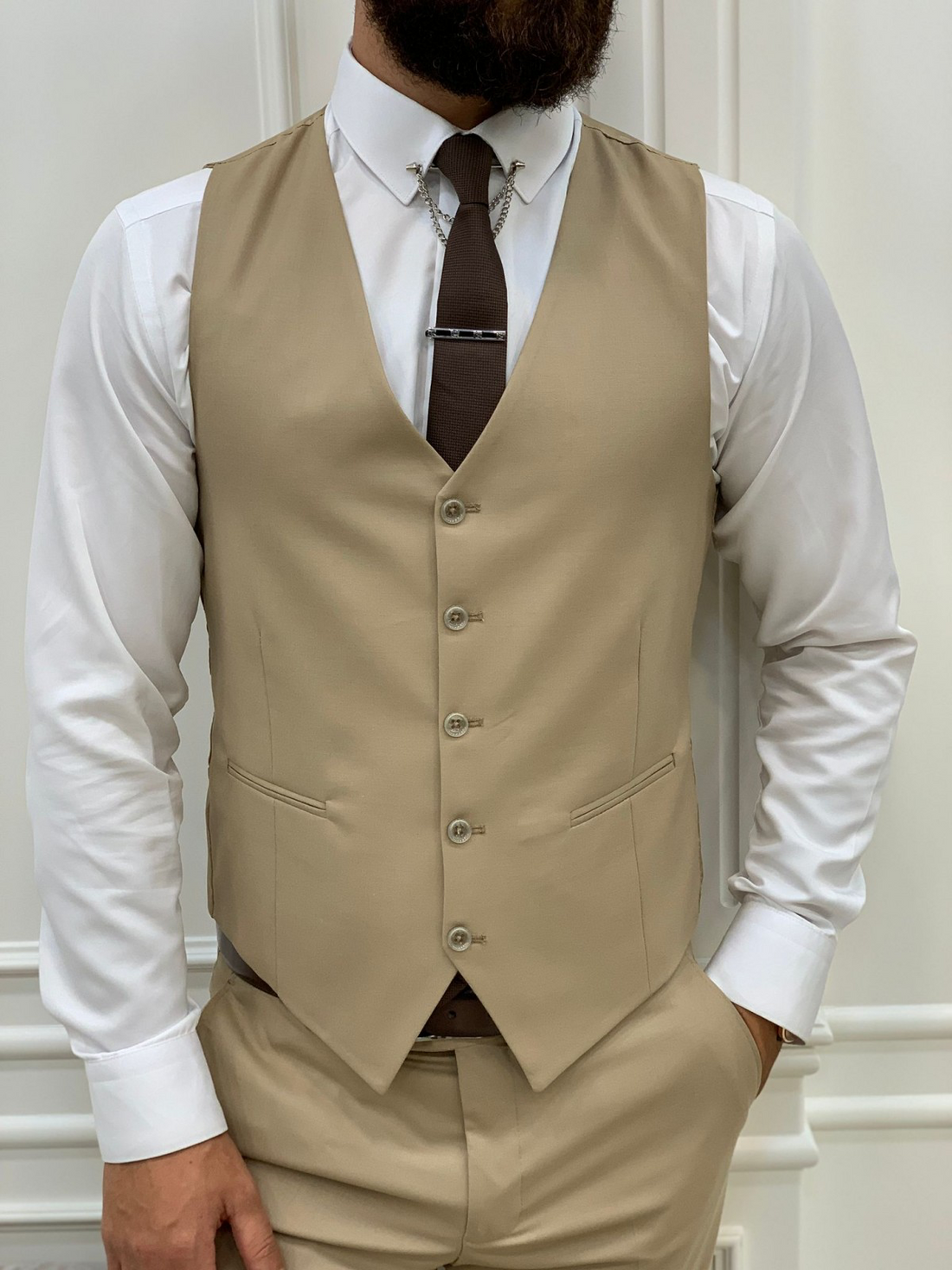 Cream Striped Slim-Fit Italian Cut Suit