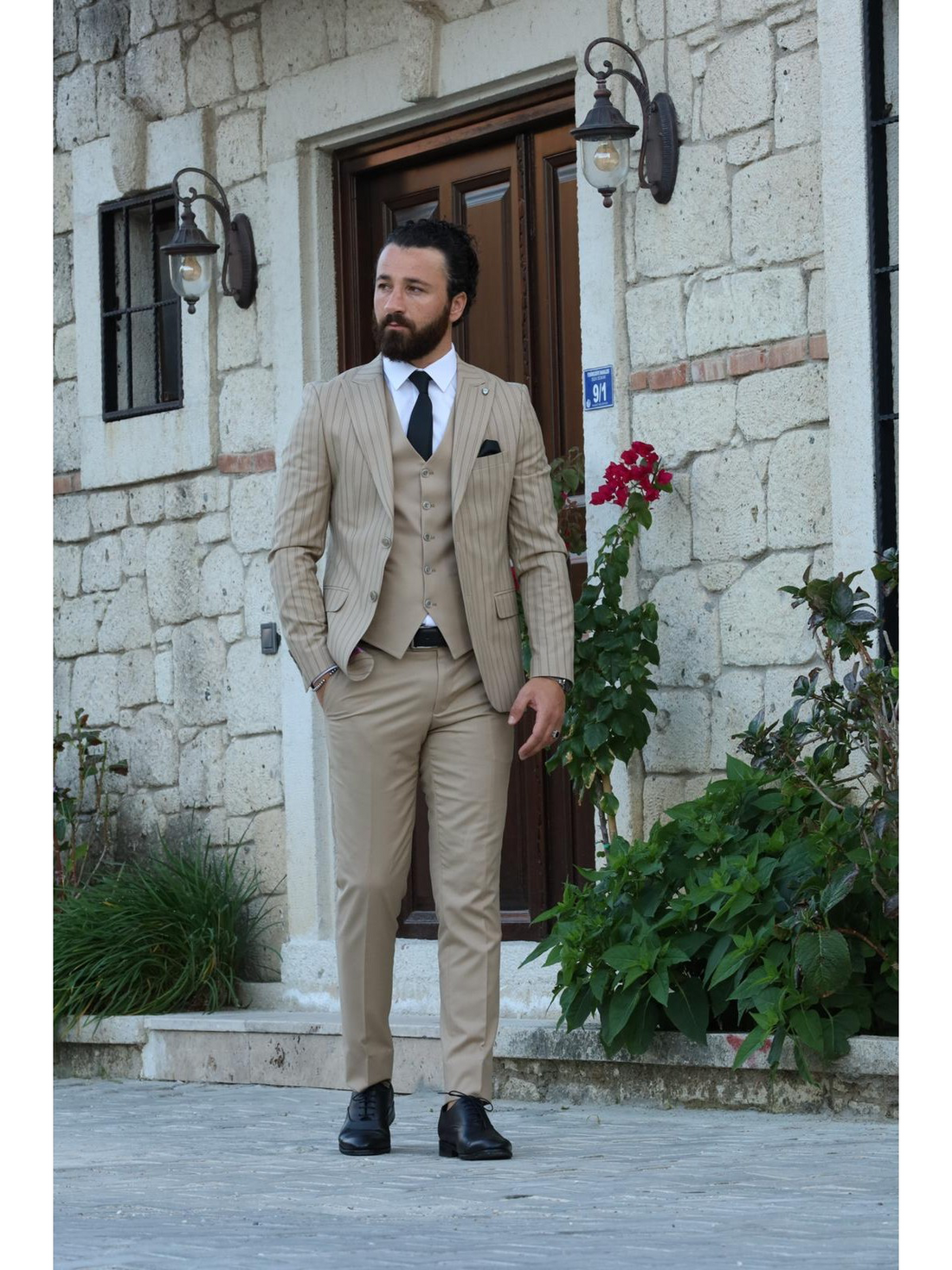 Cream Striped Slim-Fit Italian Cut Suit