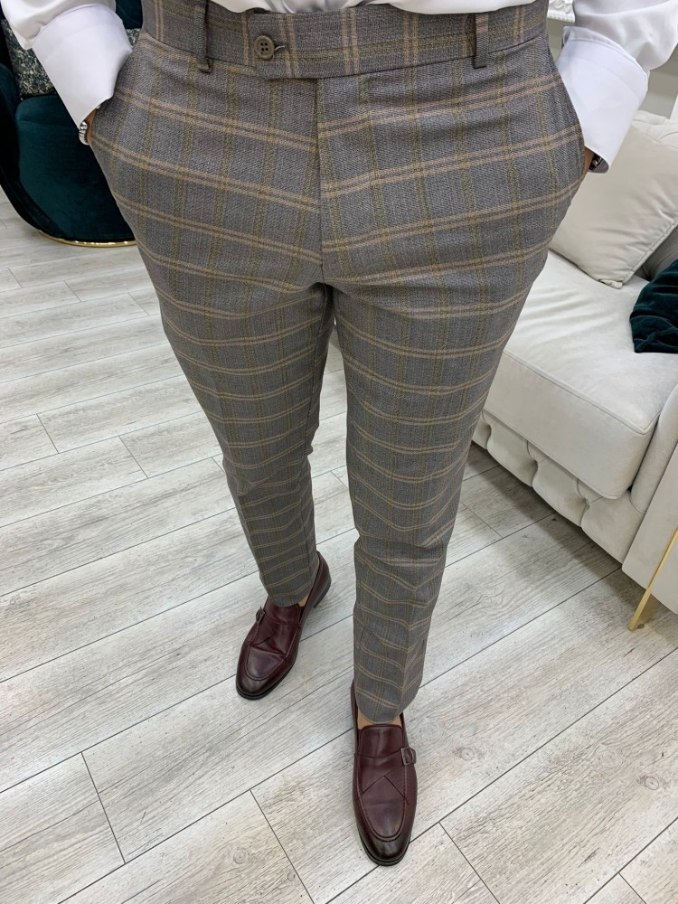 Grey & Orange Patterned Slim-Fit Italian Cut Double Breasted Suit