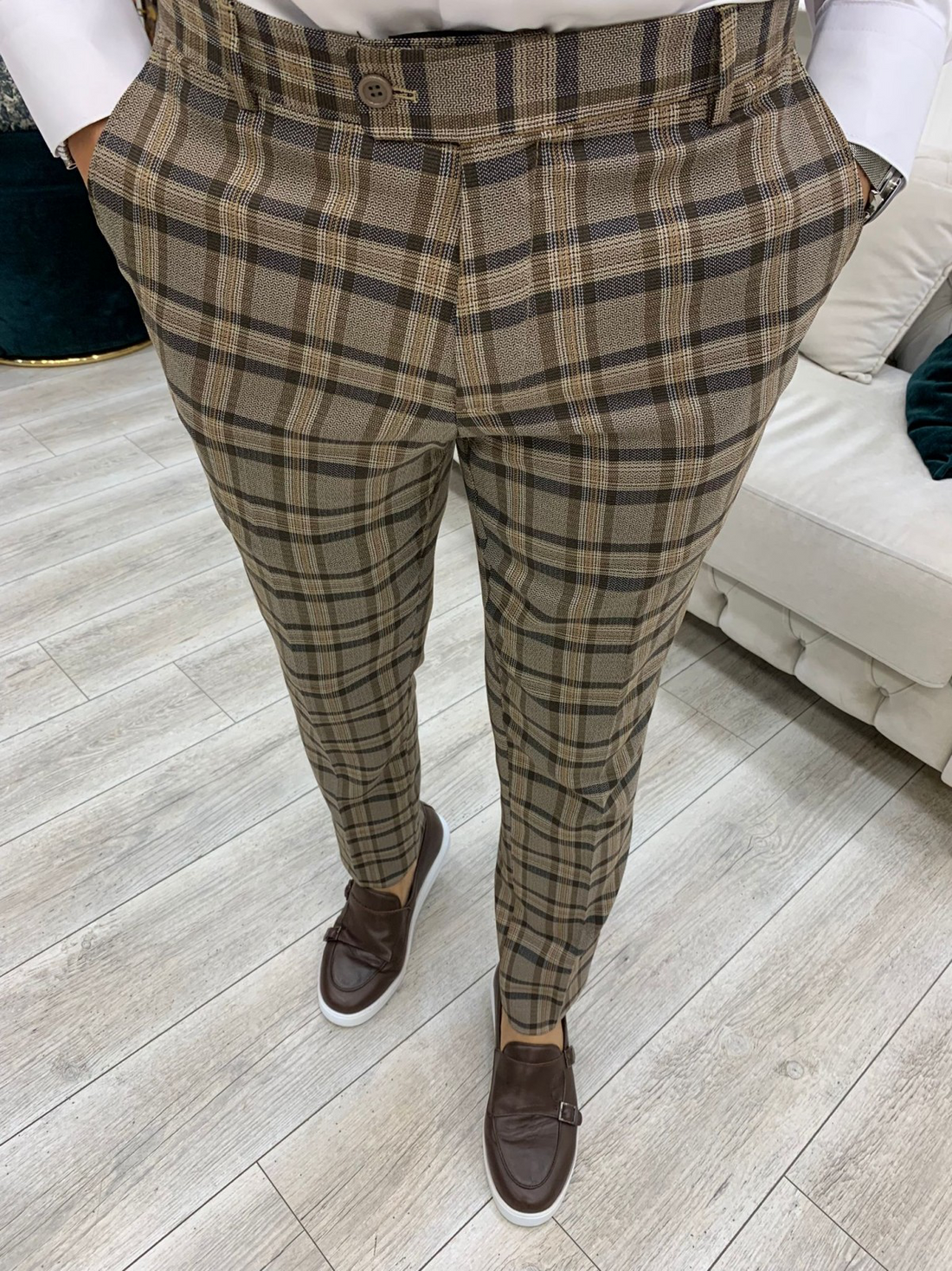 Brown Patterned Slim-Fit Italian Cut Double Breasted Suit