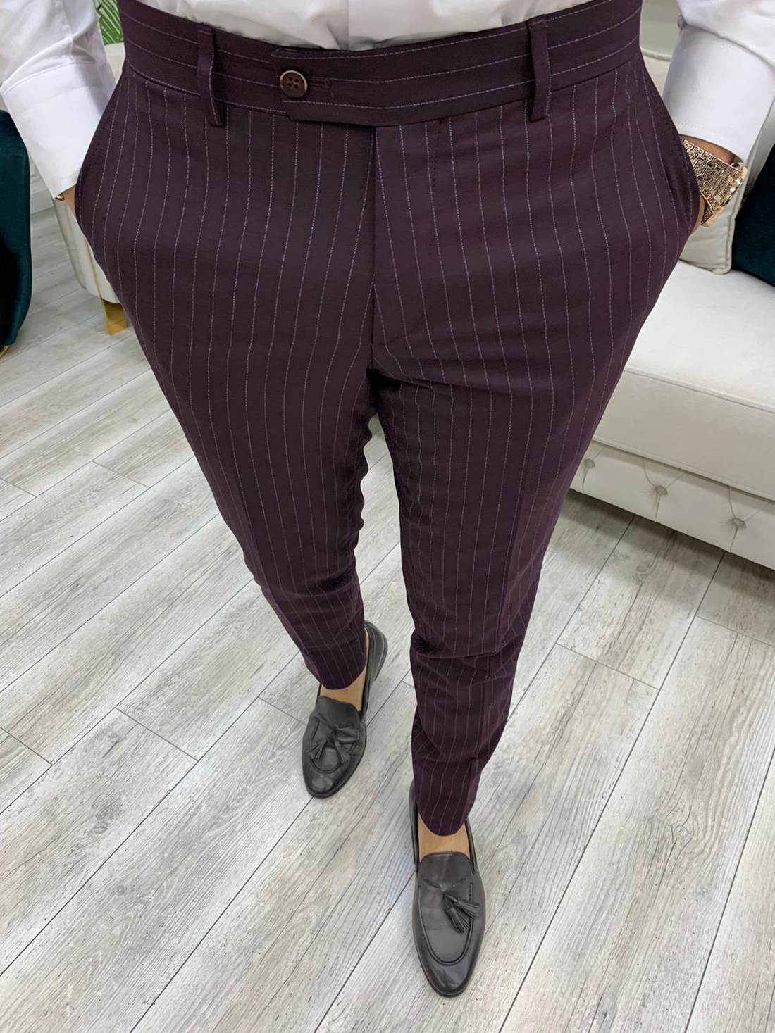 Burgundy Striped Slim-Fit Double Breasted Suit