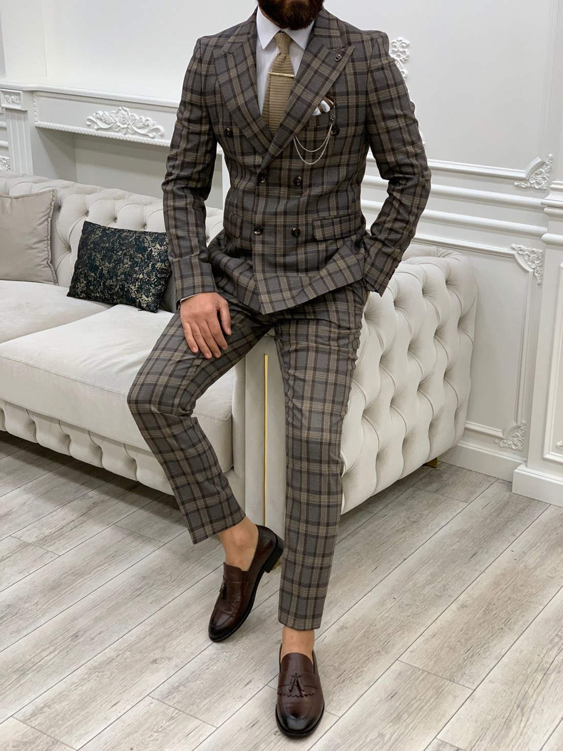 Brown Patterned Slim-Fit Italian Cut Double Breasted Suit