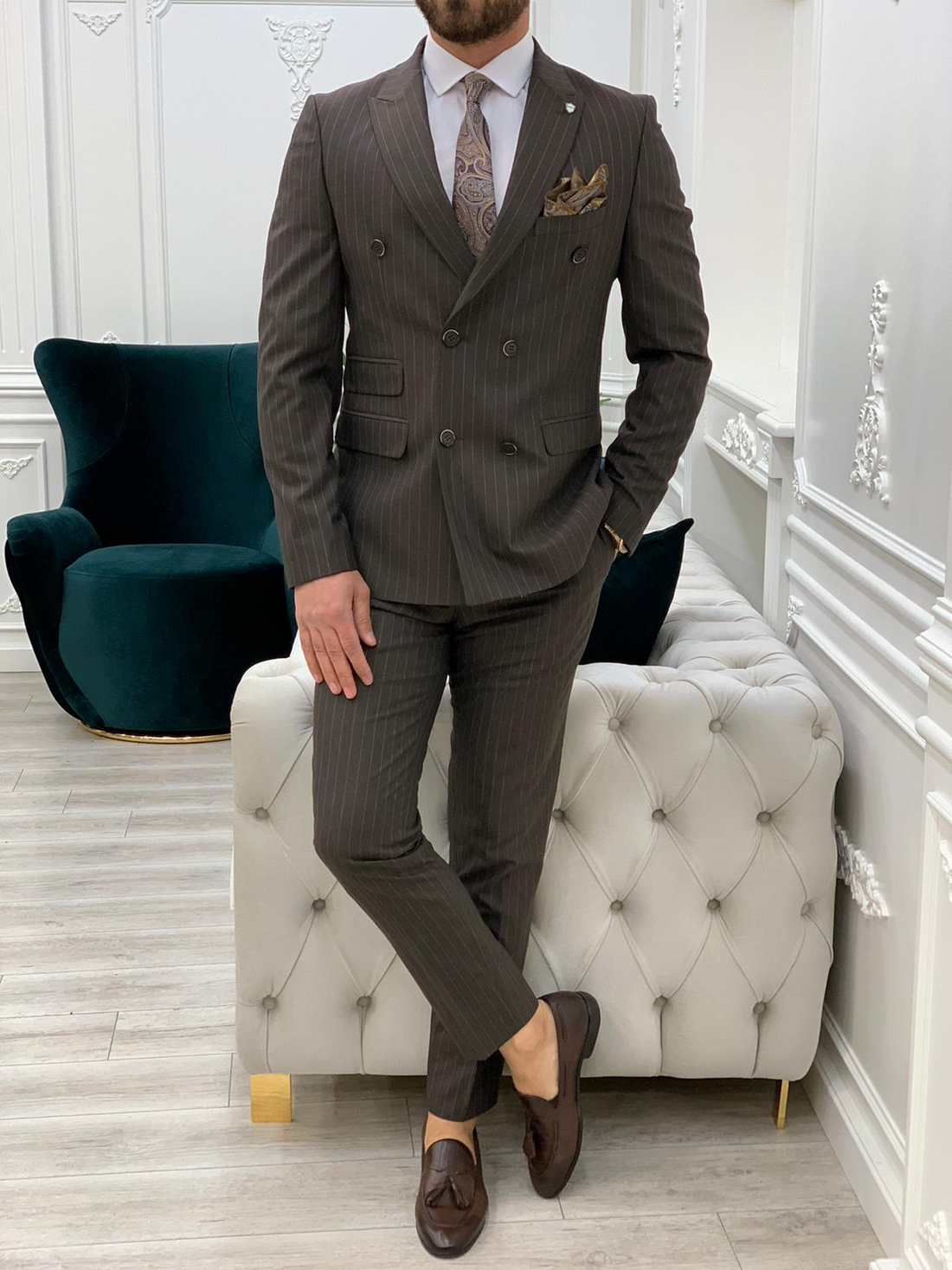 Light Brown Striped Slim-Fit Double Breasted Suit