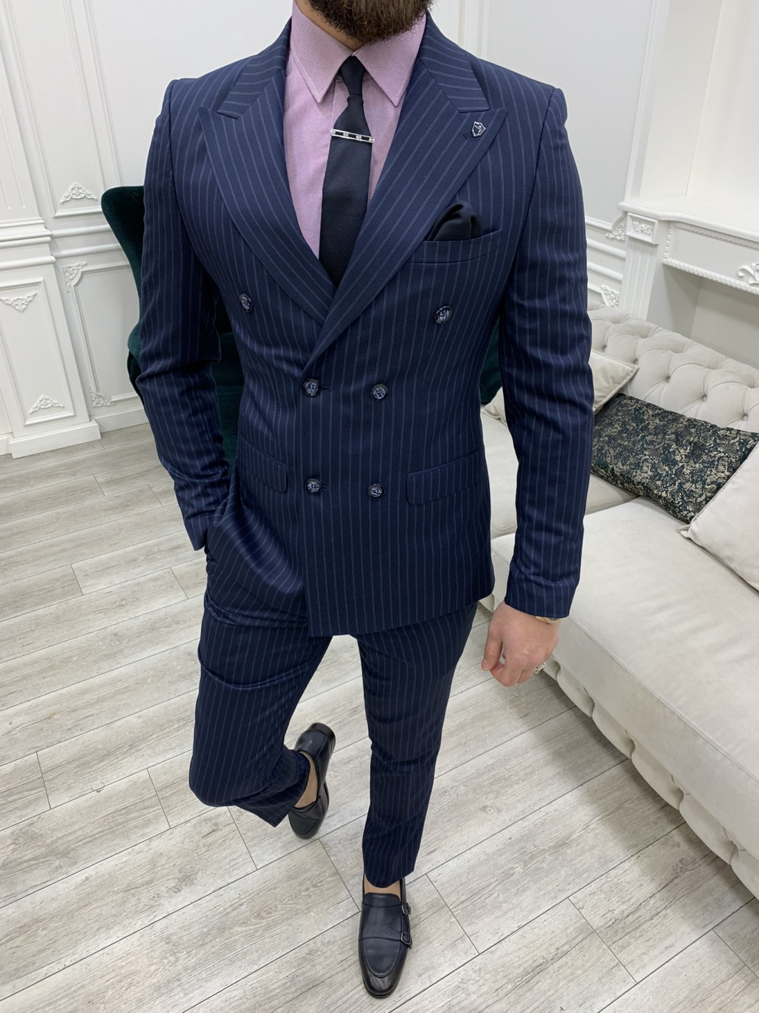 Striped Navy Blue Slim-Fit Italian Cut Double Breasted Suit