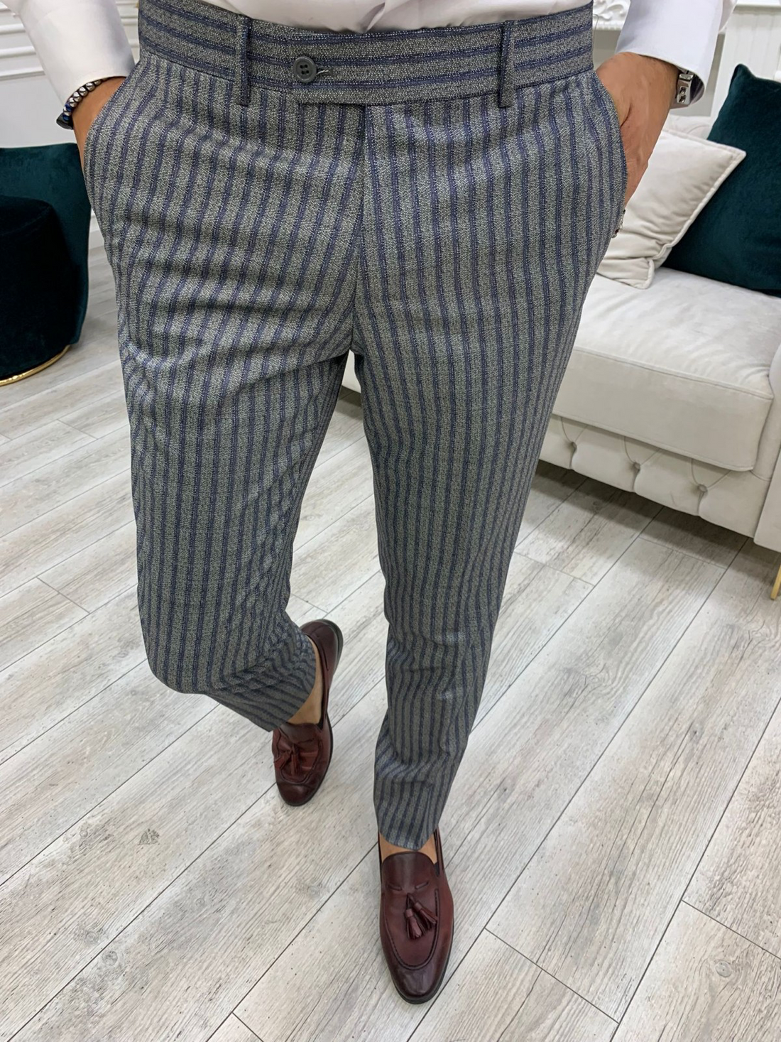 Grey Striped Slim-Fit Italian Cut Double Breasted Suit