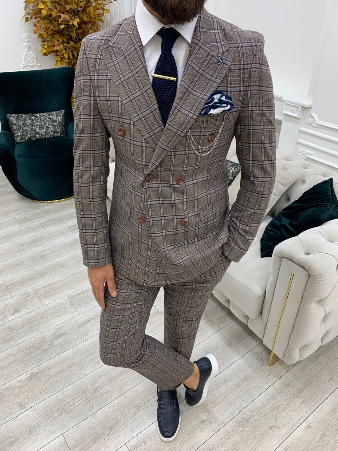 Cherry Patterned Slim-Fit Italian Cut Double Breasted Suit