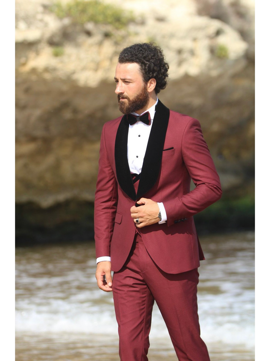 Burgundy Groom Slim-Fit Tuxedo