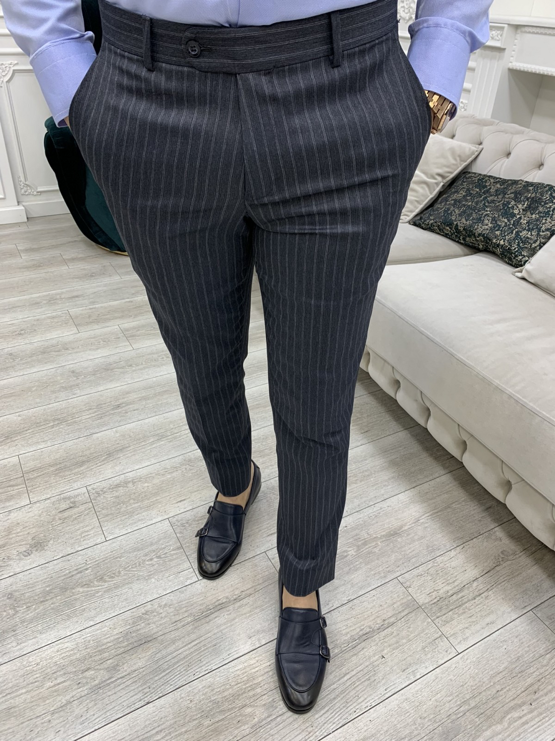 Striped Smoked Slim-Fit Italian Cut Double Breasted Suit