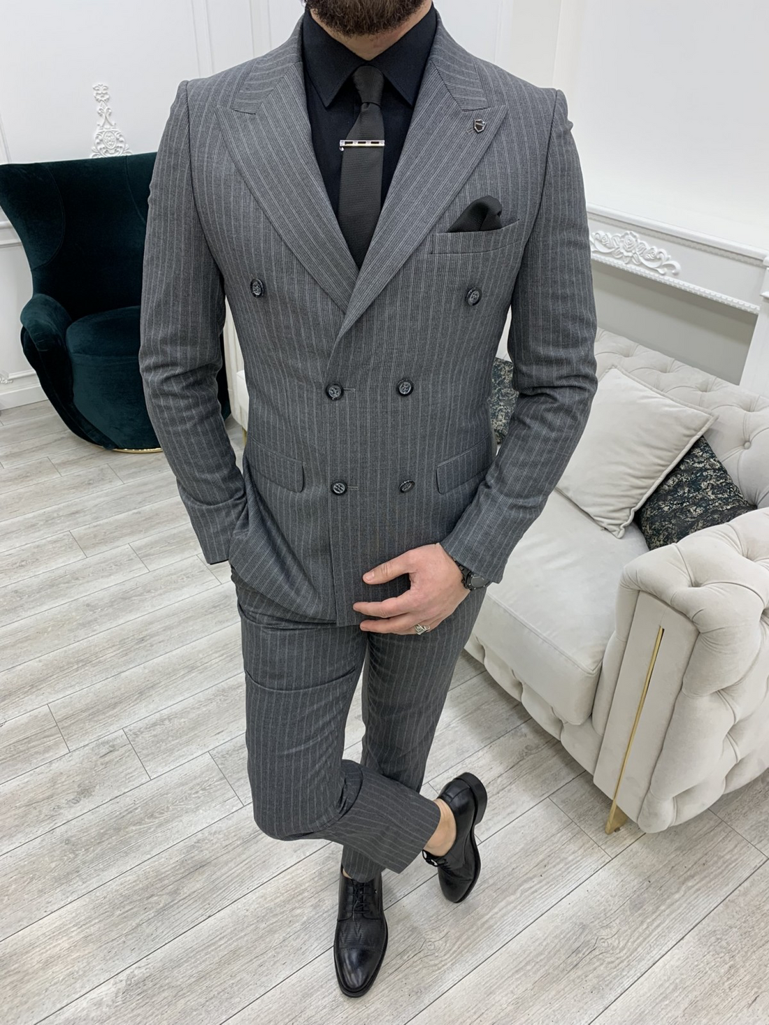 Striped Grey Slim-Fit Italian Cut Double Breasted Suit