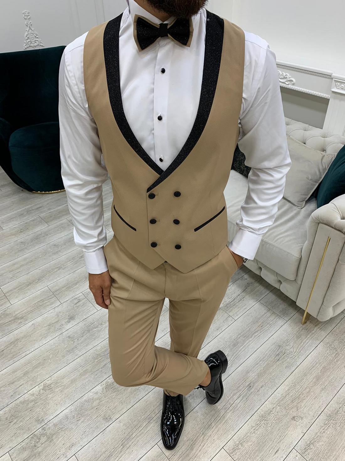 Cream Glitter Groom Slim-Fit Tuxedo