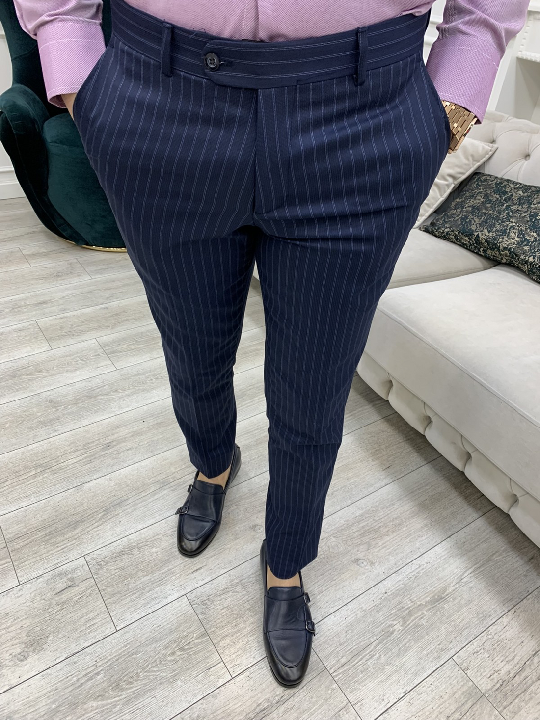 Striped Navy Blue Slim-Fit Italian Cut Double Breasted Suit