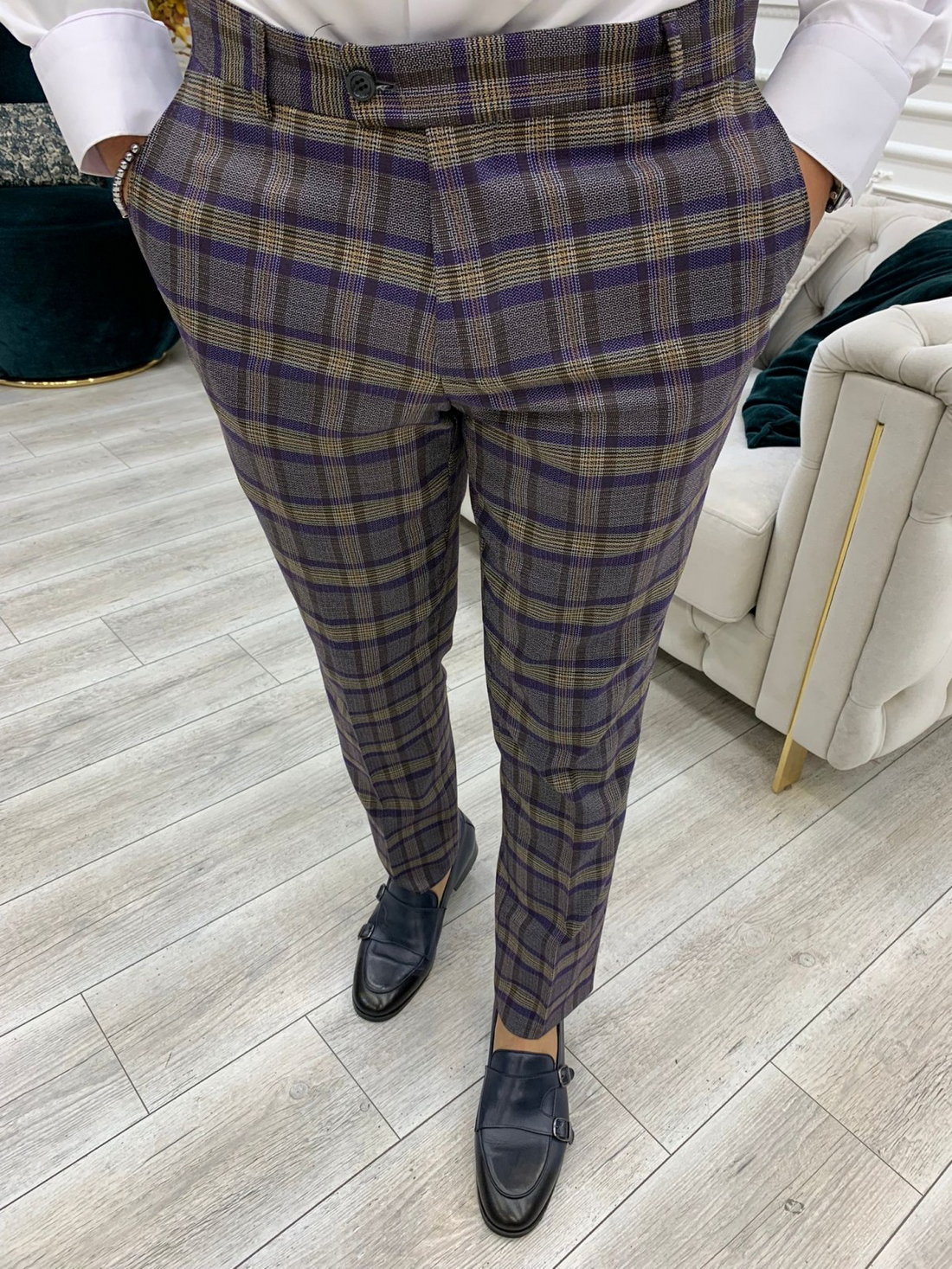 Purple Patterned Slim-Fit Italian Cut Double Breasted Suit