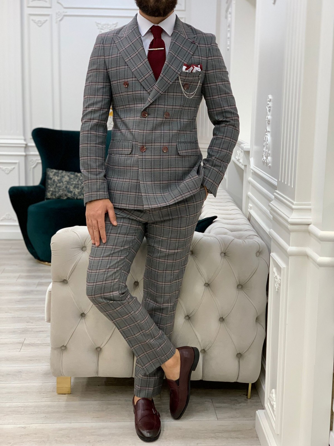 Grey Patterned Slim-Fit Italian Cut Double Breasted Suit