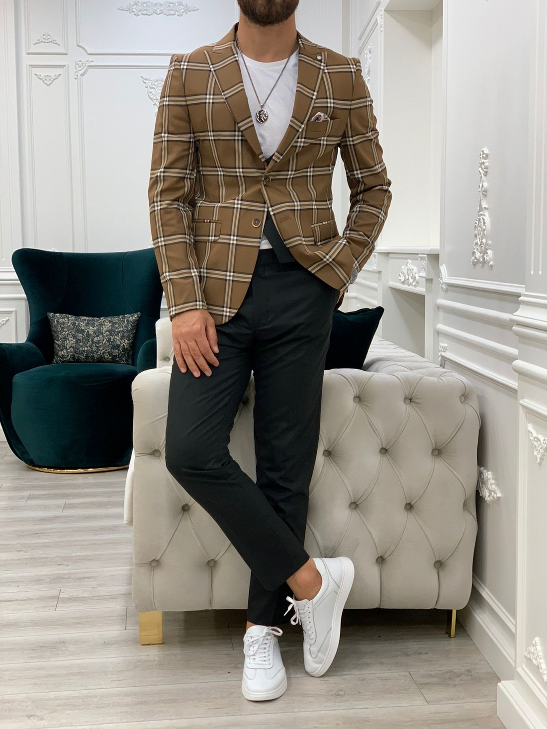 Brown Plaid Slim-Fit Suit