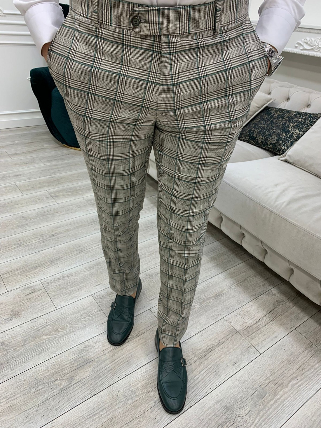 Plaid Grey Striped Green Slim-Fit Italian Cut Double Breasted Suit