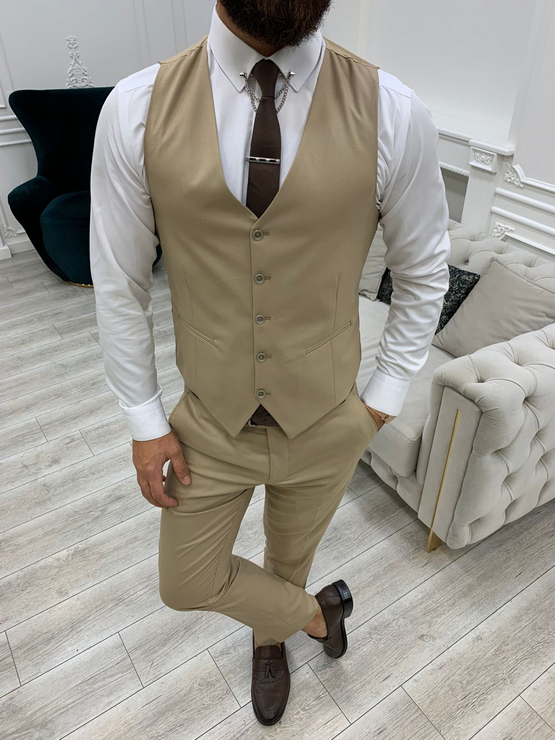 Cream Striped Slim-Fit Italian Cut Suit