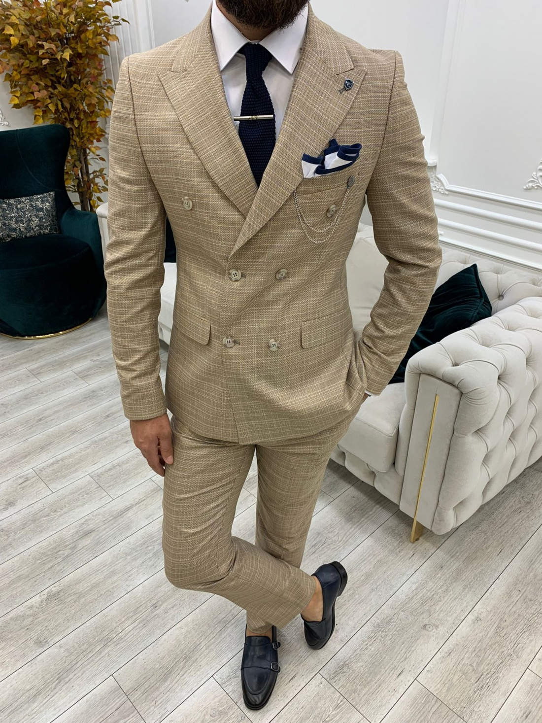 Yellow Striped Slim-Fit Italian Cut Double Breasted Suit