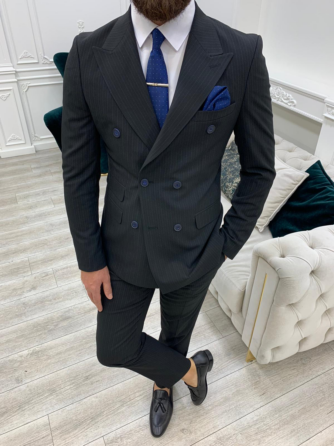 Black Striped Slim-Fit Italian Cut Double Breasted Suit