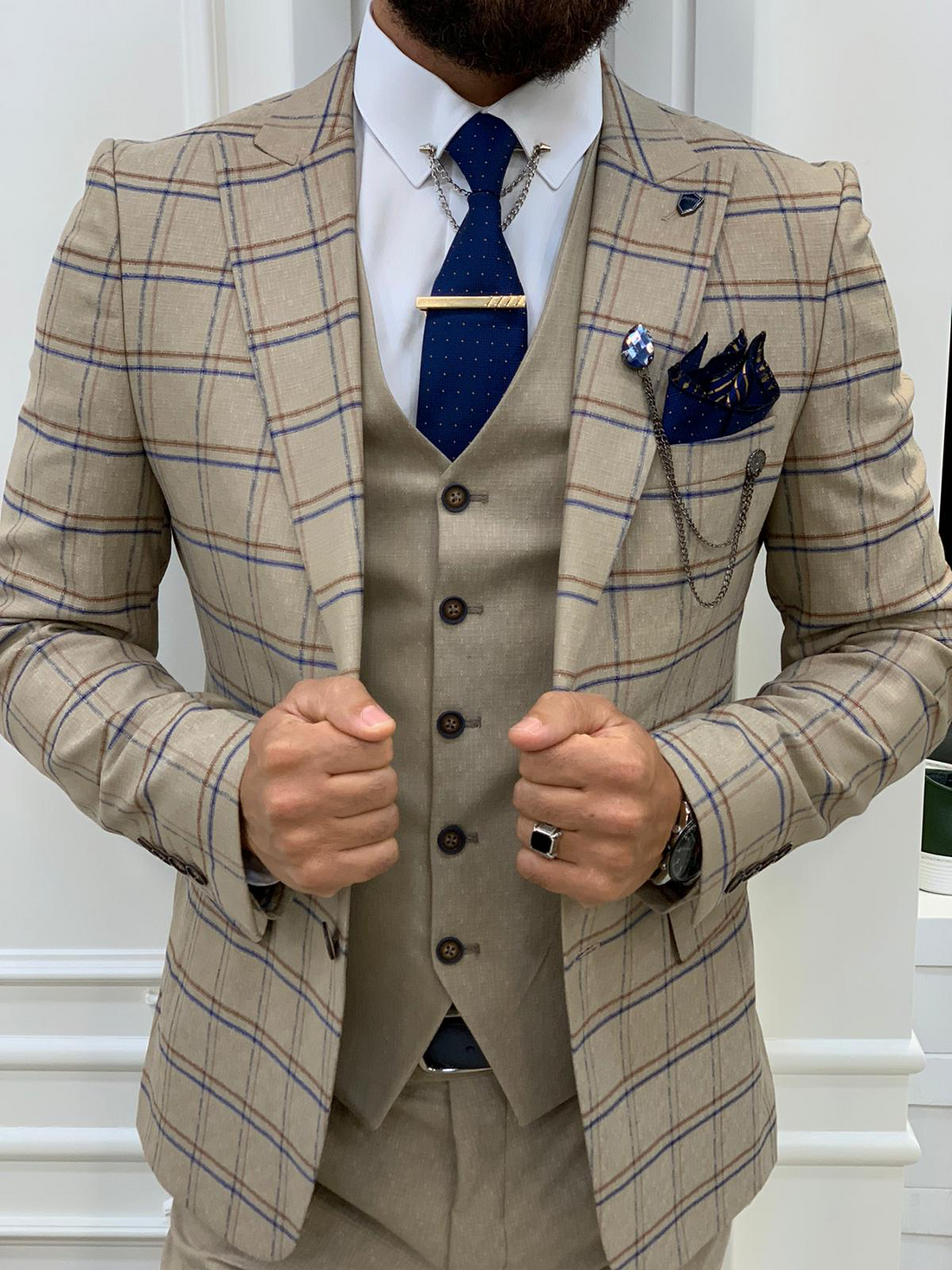 Cream Plaid Slim-Fit Italian Cut Suit