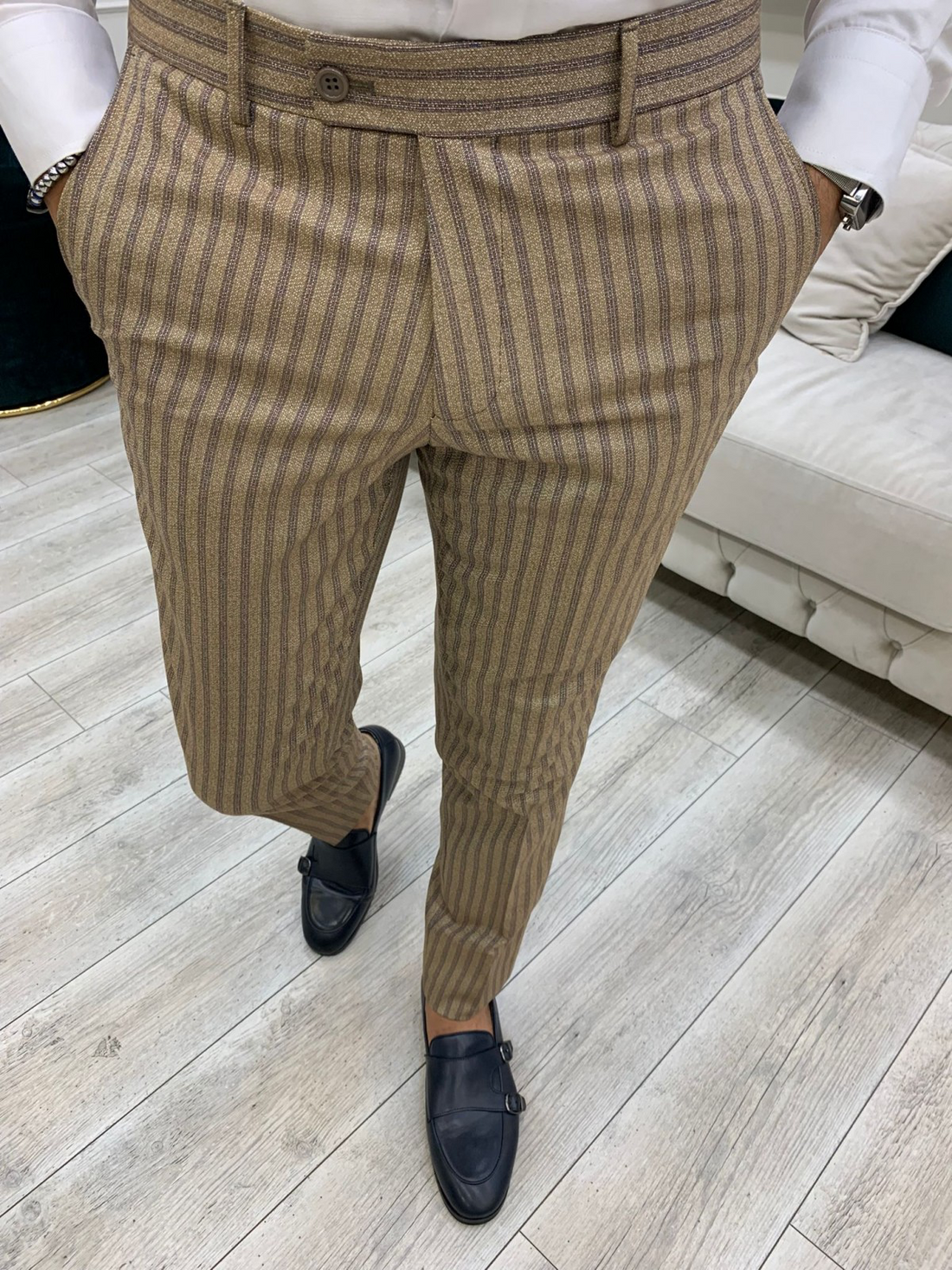 Light Brown Striped Slim-Fit Italian Cut Double Breasted Suit