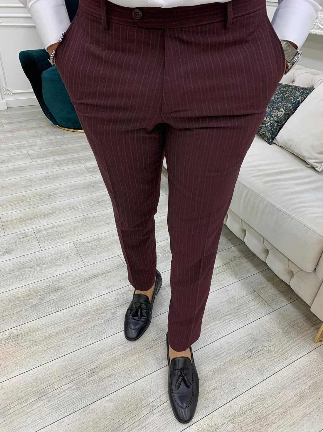 Burgundy Striped Slim-Fit Italian Cut Double Breasted Suit