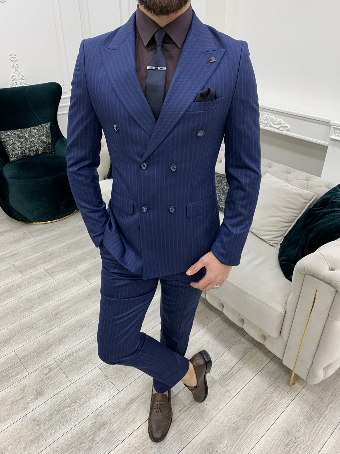 Striped Sax Slim-Fit Italian Cut Double Breasted Suit