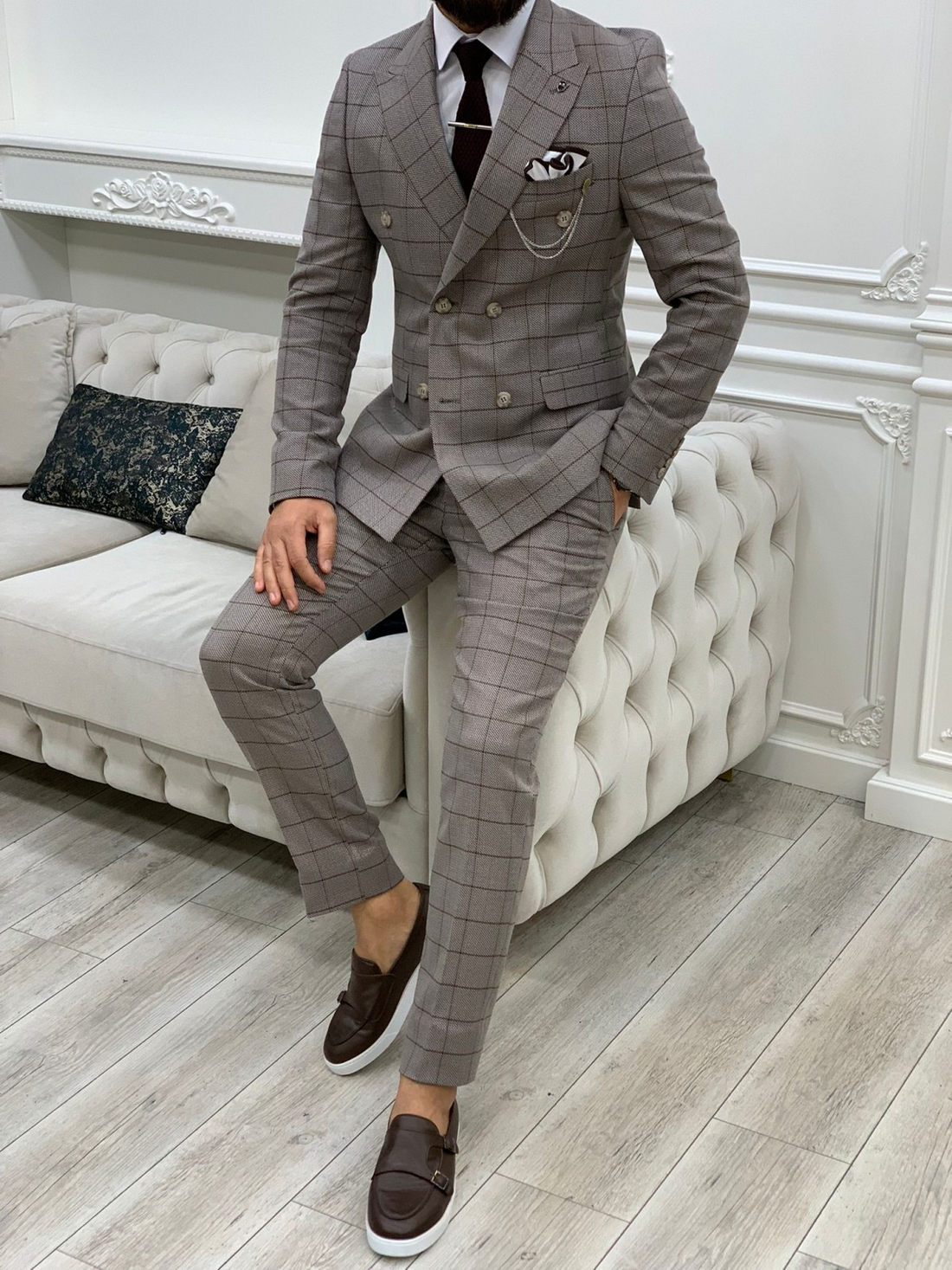 Chocolate Milk Patterned Slim-Fit Italian Cut Double Breasted Suit